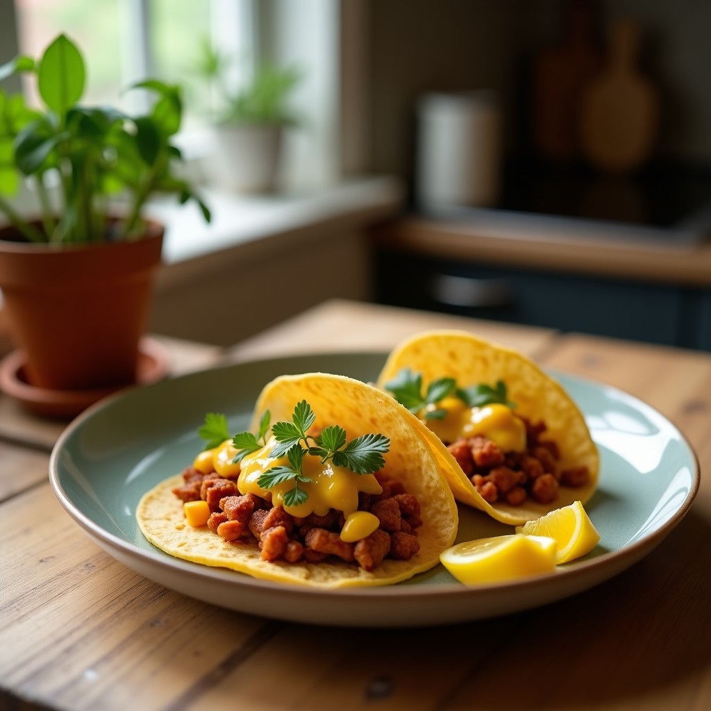 Tacos de chorizo vegano y mango en airfryer: tortillas de maíz azules rellenas de chorizo crujiente, cubos de mango asado dorado, cebolla morada y cilantro fresco, servidos en plato de barro con fondo de limón y chile habanero.