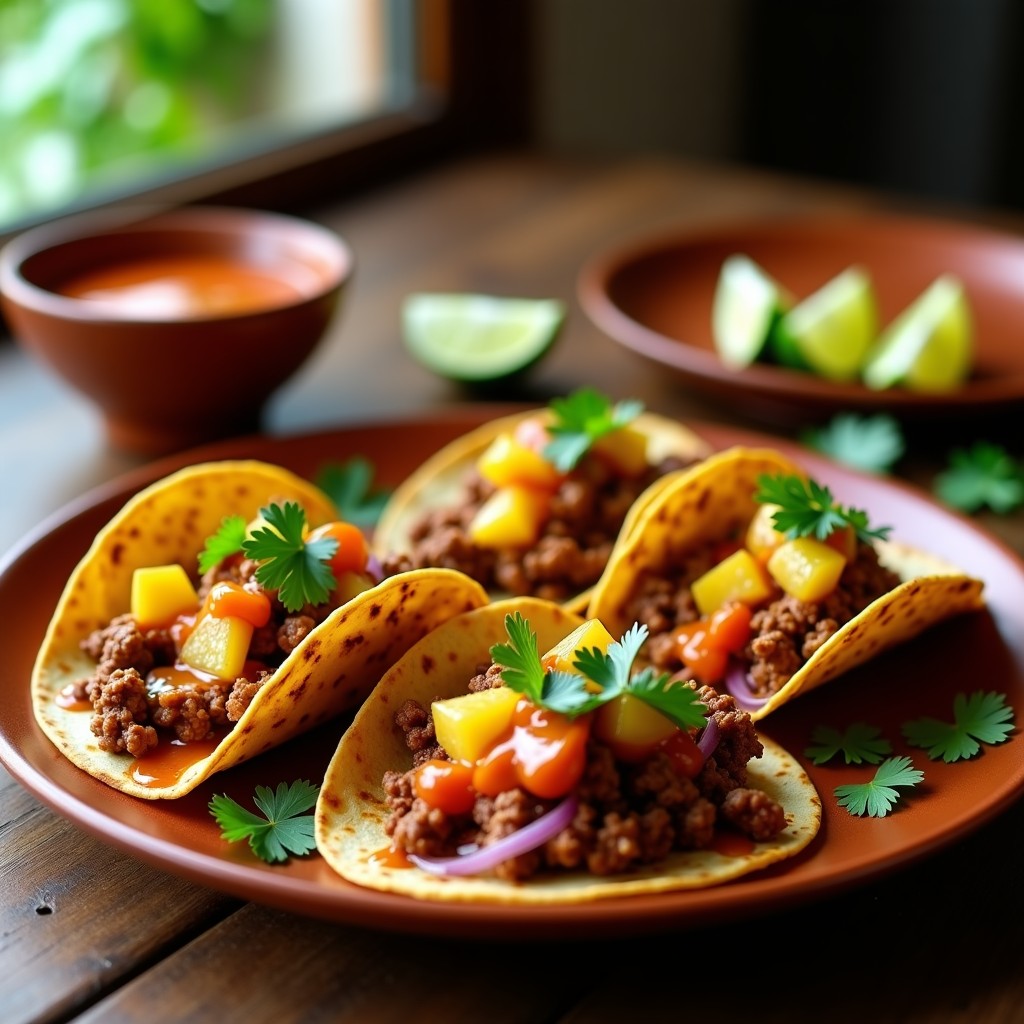 Plato de tacos de chorizo vegano y piña asada con salsa de chipotle, servidos en tortillas de maíz azules, decorados con cilantro fresco y cebolla morada, sobre una mesa rústica de madera con fondo de cocina mexicana tradicional.
