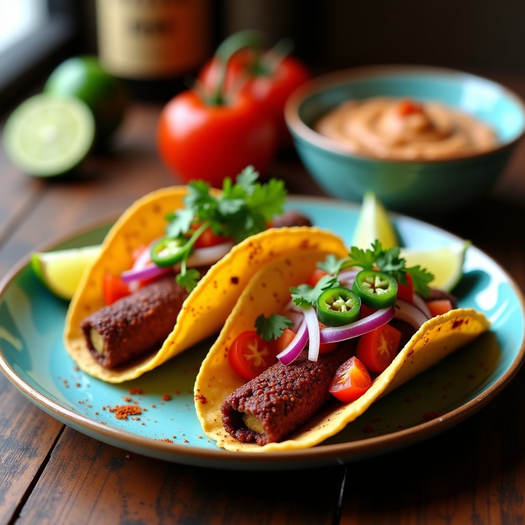 Plato de tacos de chorizo vegano dorado en airfryer sobre tortillas de maíz azul, acompañados de un puré cremoso de frijoles charros con tomate, jalapeño y cilantro fresco. Presentación colorida y apetecible con toques de limón.