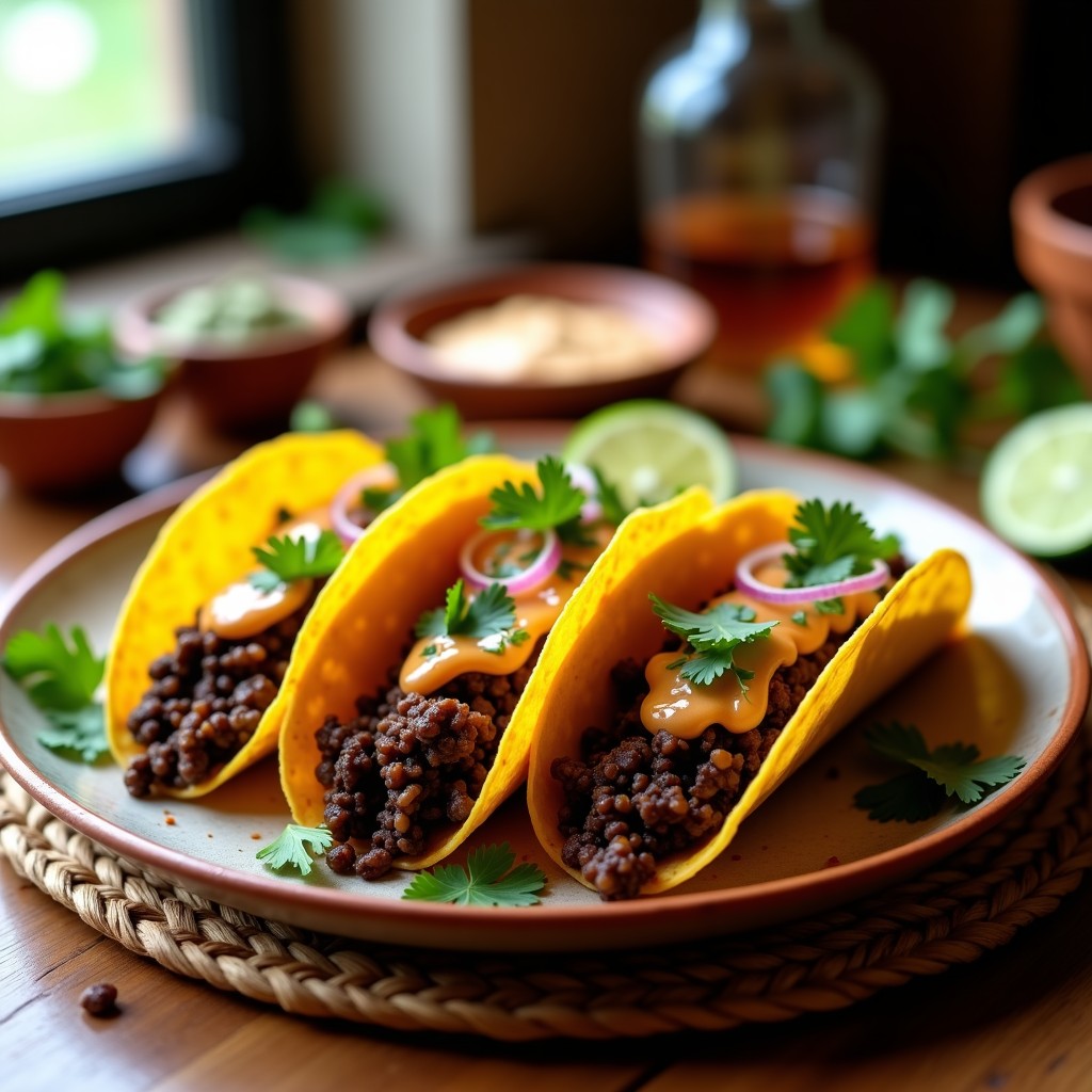 Plato de tacos de chorizo vegano con salsa de guayaba: tortillas de maíz doradas rellenas de chorizo oscuro y jugoso, bañadas en salsa rosada de guayaba, decoradas con cebolla morada, cilantro fresco y crema de anacardos, sobre un mantel rústico de barro.