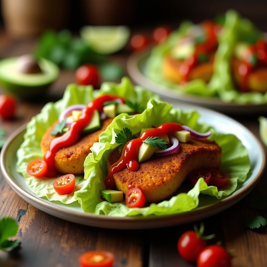 Tacos dorados de chuño boliviano servidos sobre hojas de lechuga romana, cubiertos con aguacate en cubos y bañados en salsa llajwa picante de color rojo intenso. Plato tradicional andino preparado en airfryer, sin gluten y con textura crujiente.