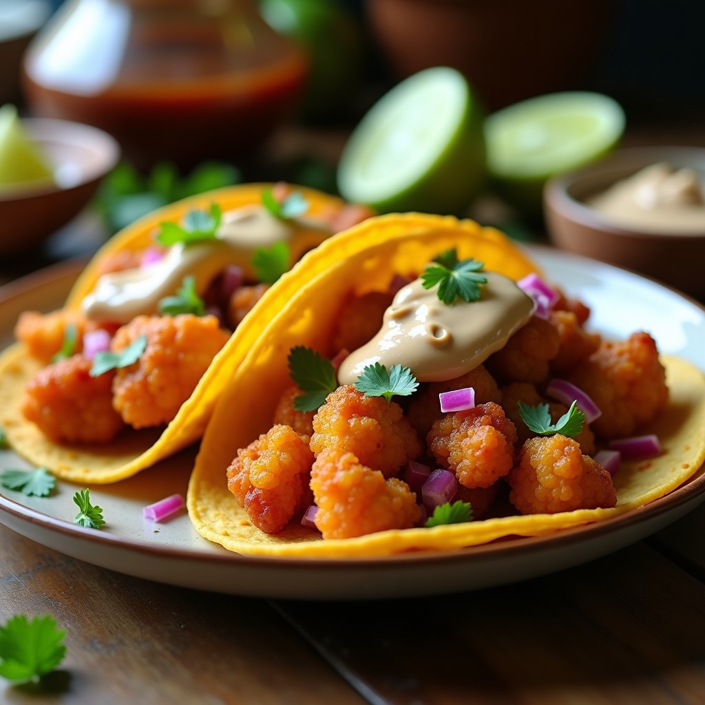 Tacos de coliflor dorada y crujiente con adobo de chipotle, servidos en tortillas de maíz, bañados en crema de anacardos y decorados con cebolla morada y cilantro fresco. Plato colorido y apetitoso con fondo rústico.