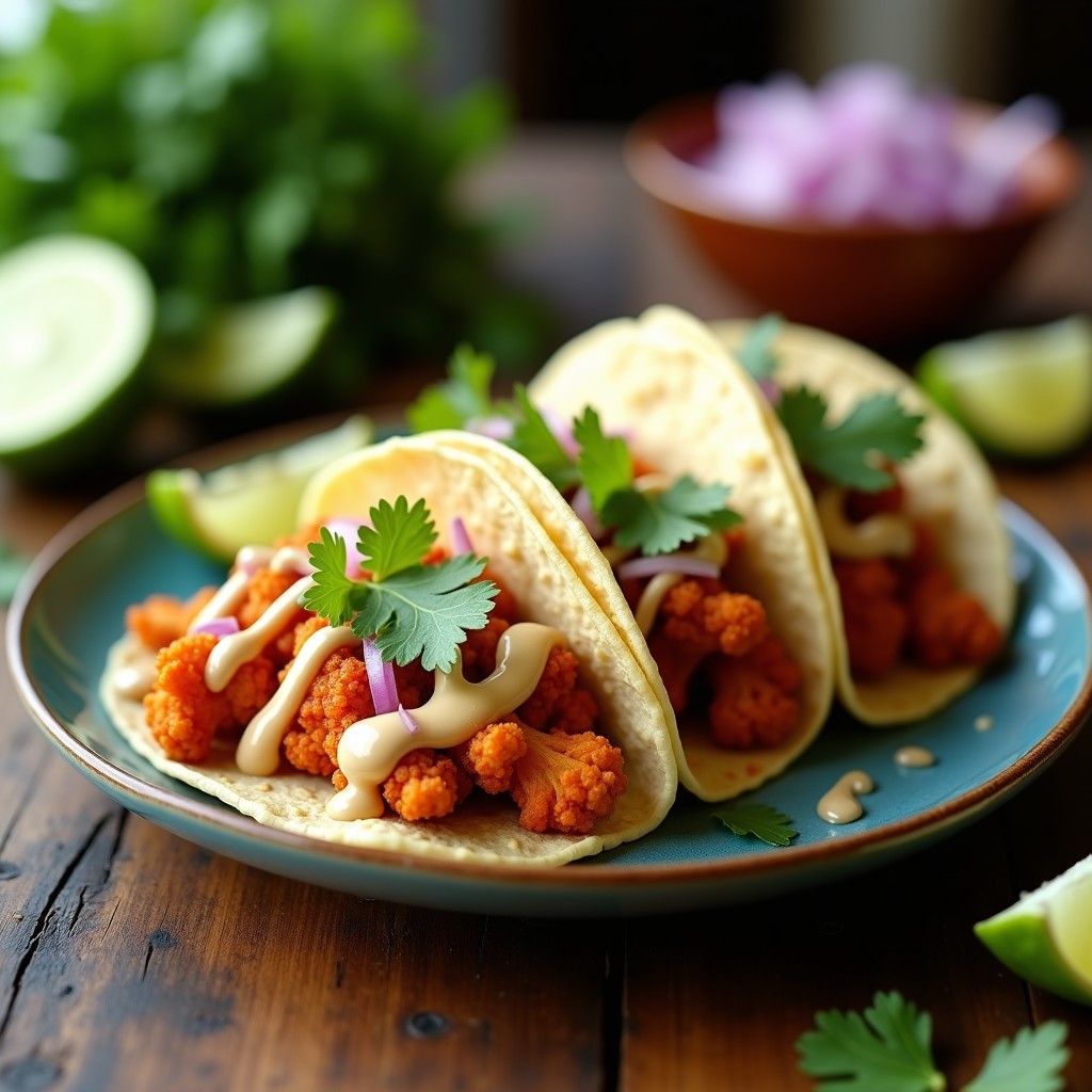 Tacos veganos de coliflor al pastor en airfryer, con floretes dorados y crujientes, servidos en tortillas de maíz azul, bañados en aderezo cremoso de anacardos y cilantro, acompañados de cebolla morada picada y rodajas de limón.