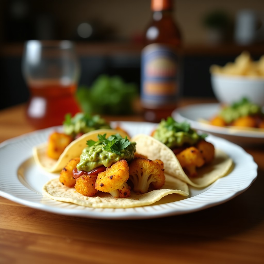 Plato de tacos veganos con coliflor morada asada dorada y crujiente, servidos en hojas de endibia rellenas de guacamole cremoso de aguacate negro, decorados con semillas de sésamo y trozos de cebolla morada y jitomate cherry. Receta sin carbohidratos y keto.