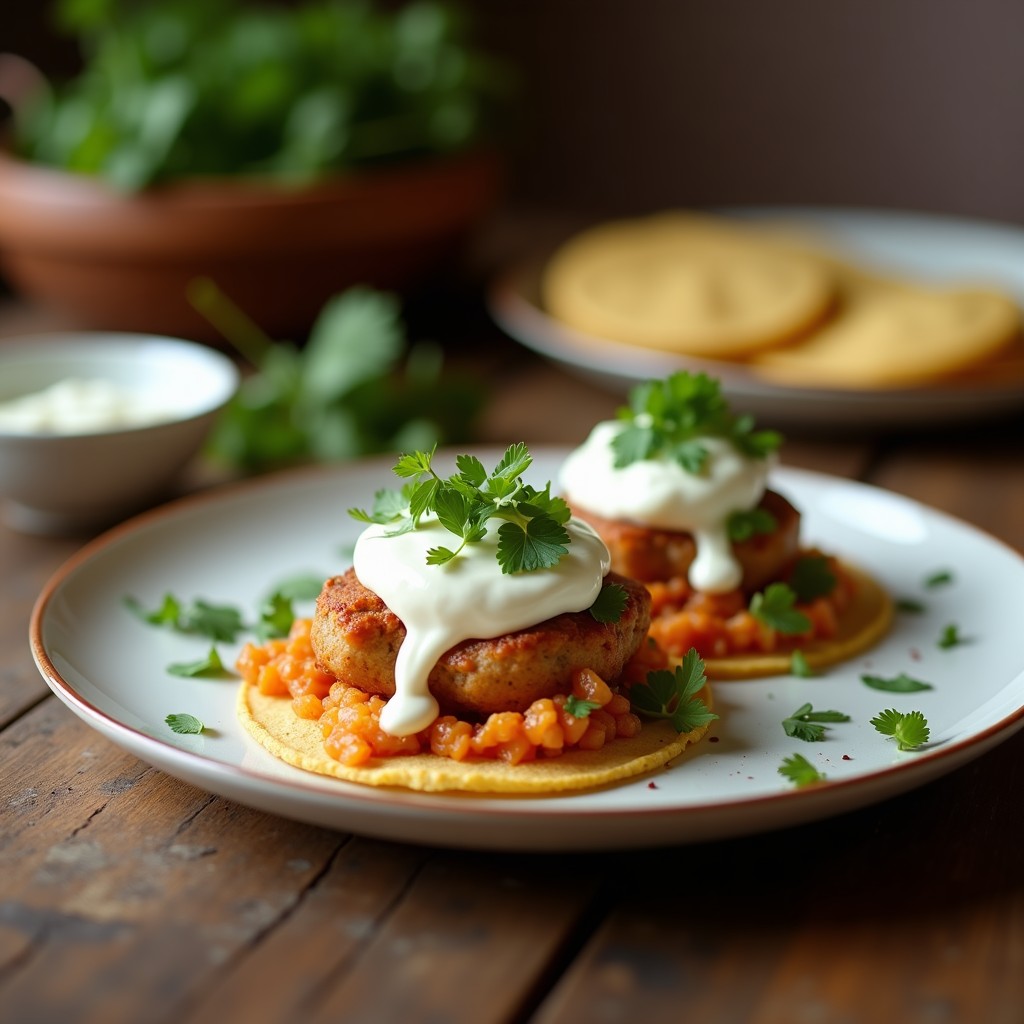 Plato de tacos de coliflor asada dorada en tortillas de almendra, acompañados de salsa cremosa de yogur y menta, cebolla morada, aguacate y semillas de sésamo. Receta mexicana vegana y keto.