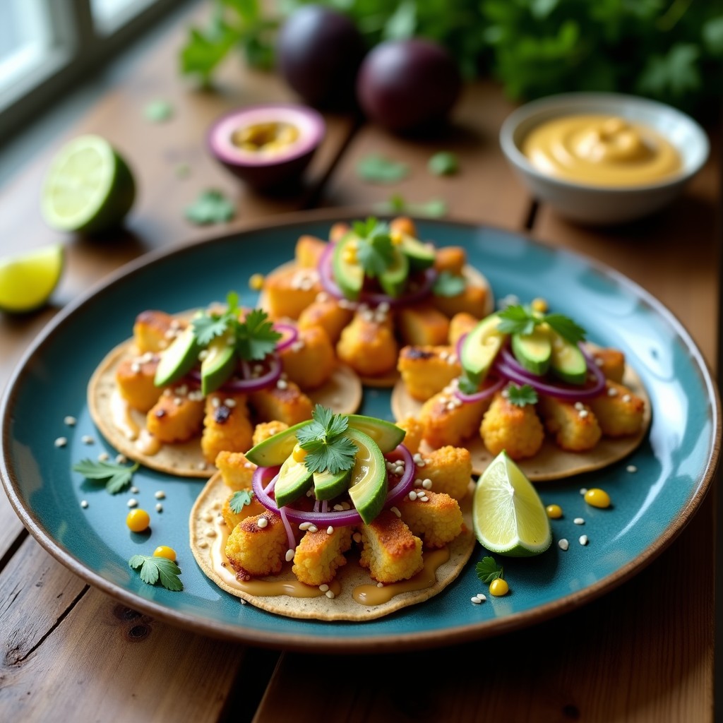 Tacos de Coliflor Asada con Salsa de Tahini y Granadilla: Receta Vegana Gourmet