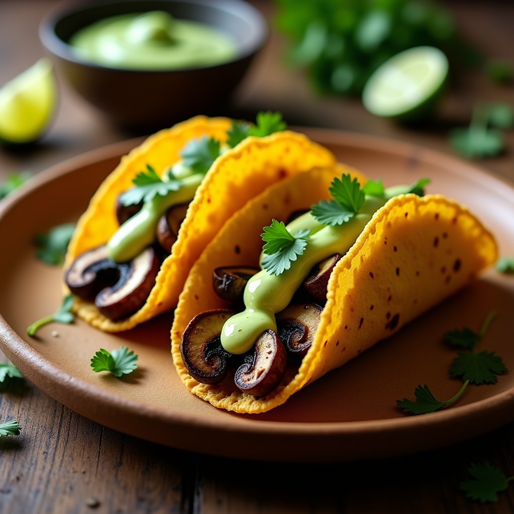Plato de tacos keto de coliflor dorados y crujientes rellenos de champiñones portobello asados, cubiertos con crema de aguacate verde y chipotle, decorados con cilantro fresco sobre una mesa de madera rústica.