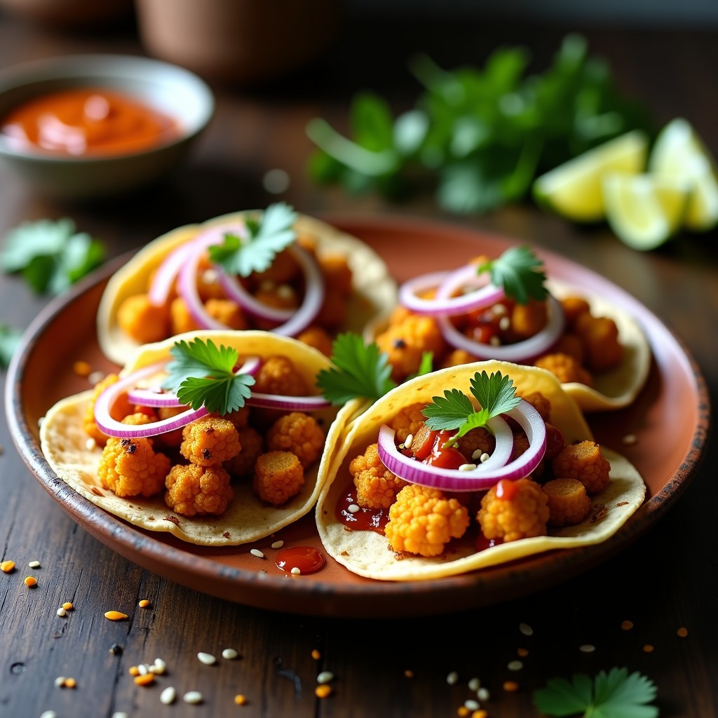 Tacos veganos keto en airfryer con coliflor dorada y chirivía caramelizada, aderezo de tamarindo brillante, cebolla morada, cilantro fresco y semillas de sésamo sobre tortillas de almendra, servidos en plato de barro rústico.