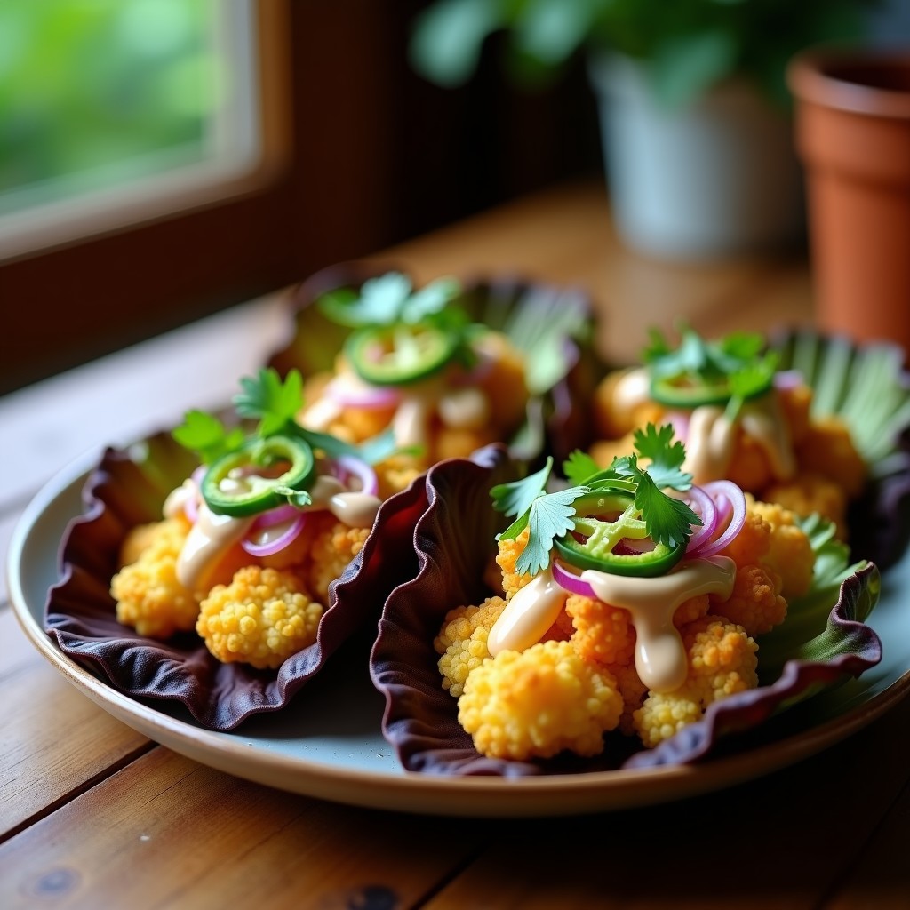 Tacos de coliflor dorada y crujiente servidos en hojas de lechuga morada, con crema de anacardos suave, pimentas de Padrón salteadas y cebolla morada picada, receta en airfryer y sin gluten.