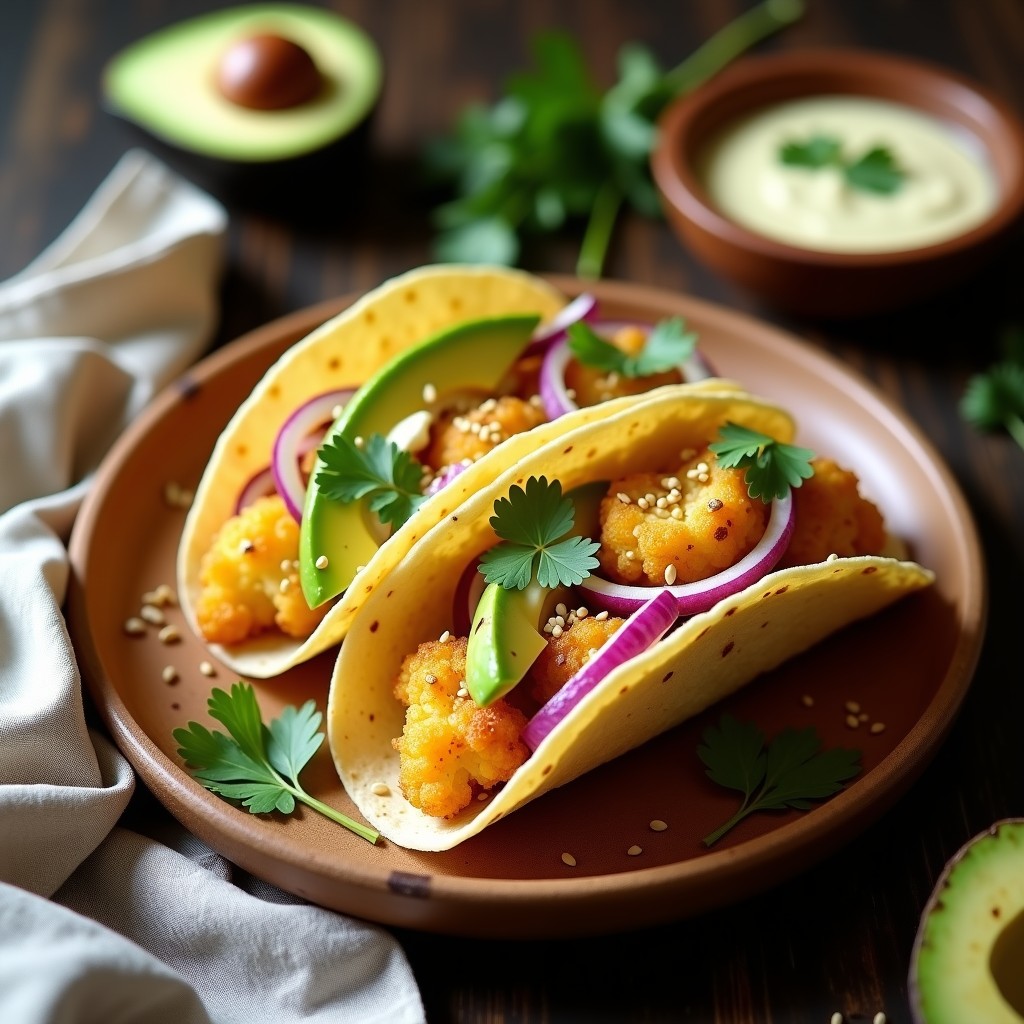 Tacos de coliflor dorada crujiente en tortillas keto, acompañados de salsa de yogur griego cremosa, aguacate en láminas y cebolla morada, servidos en un plato de madera rústico con semillas de sésamo espolvoreadas.