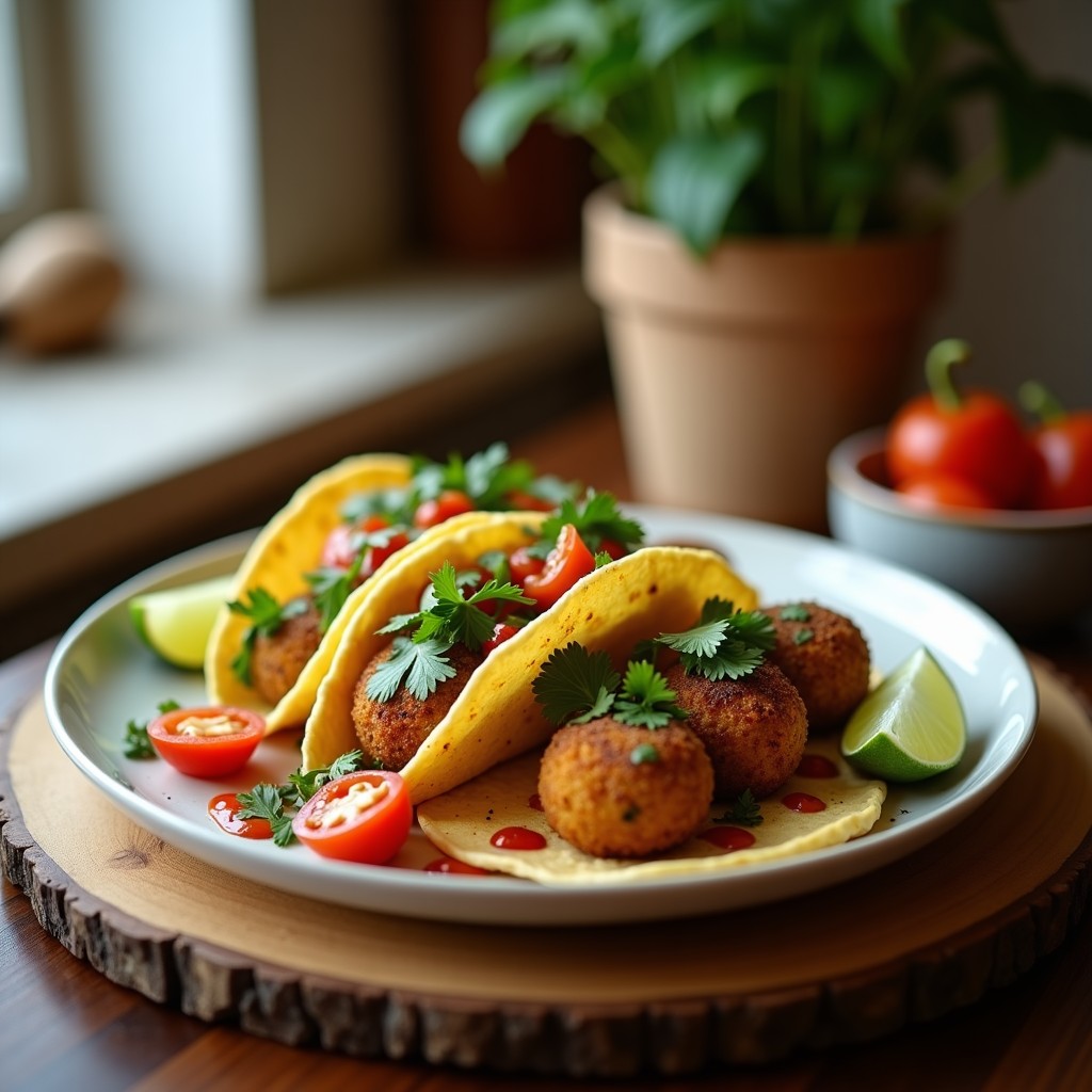Tacos veganos en tortilla de maíz con coliflor dorada al pimentón ahumado, falafel de habas crujiente y salsa cremosa de tahini con semillas de sésamo, servidos en plato rústico de barro.