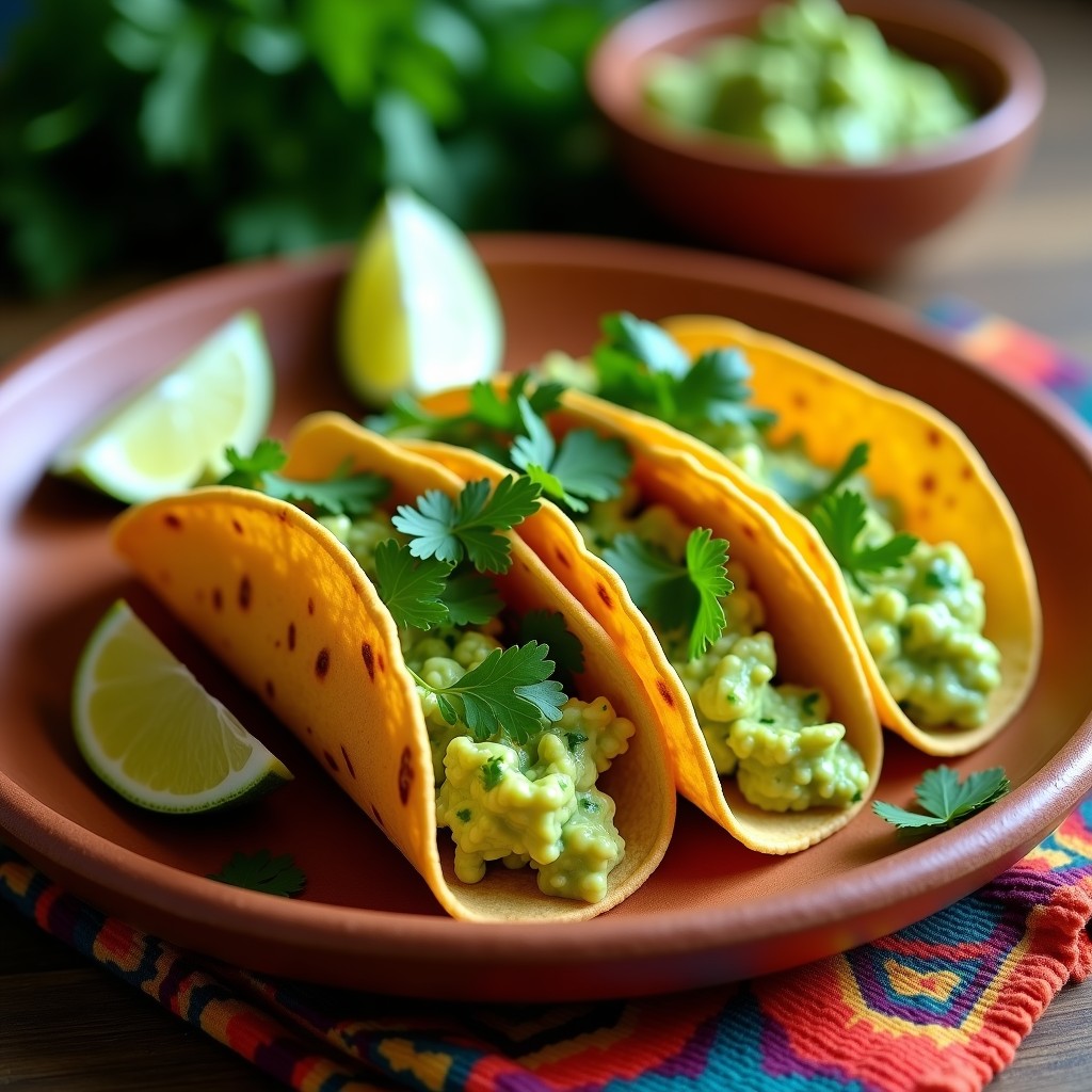 Tacos de coliflor crujiente dorados en forma de rodajas gruesas, servidos con guacamole de pepino cremoso y verde, decorados con cilantro fresco y rodajas de limón sobre un plato de barro rústico.