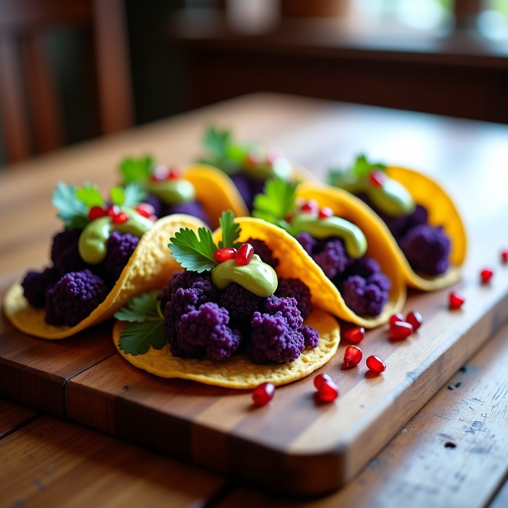 Plato de tacos veganos con coliflor morada horneada crujiente, crema de aguacate verde brillante con semillas de granada rojas, decorados con cilantro fresco y semillas de sésamo sobre tortillas de maíz azules. Receta de tacos de coliflor morada con crema de aguacate y granada.