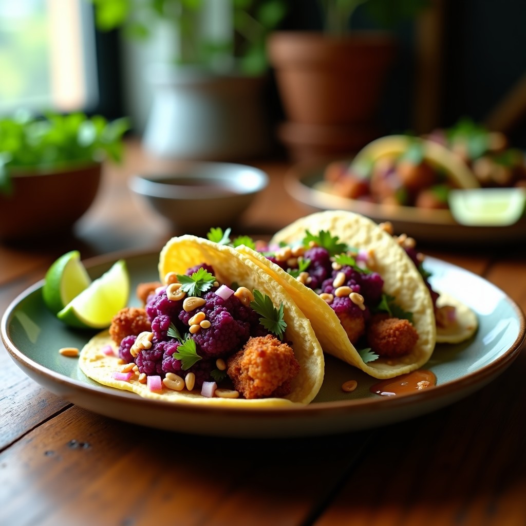 Tacos de Coliflor Morada con Salsa de Cacahuete y Lima: Receta Vegana en Airfryer con Toque Tailandés