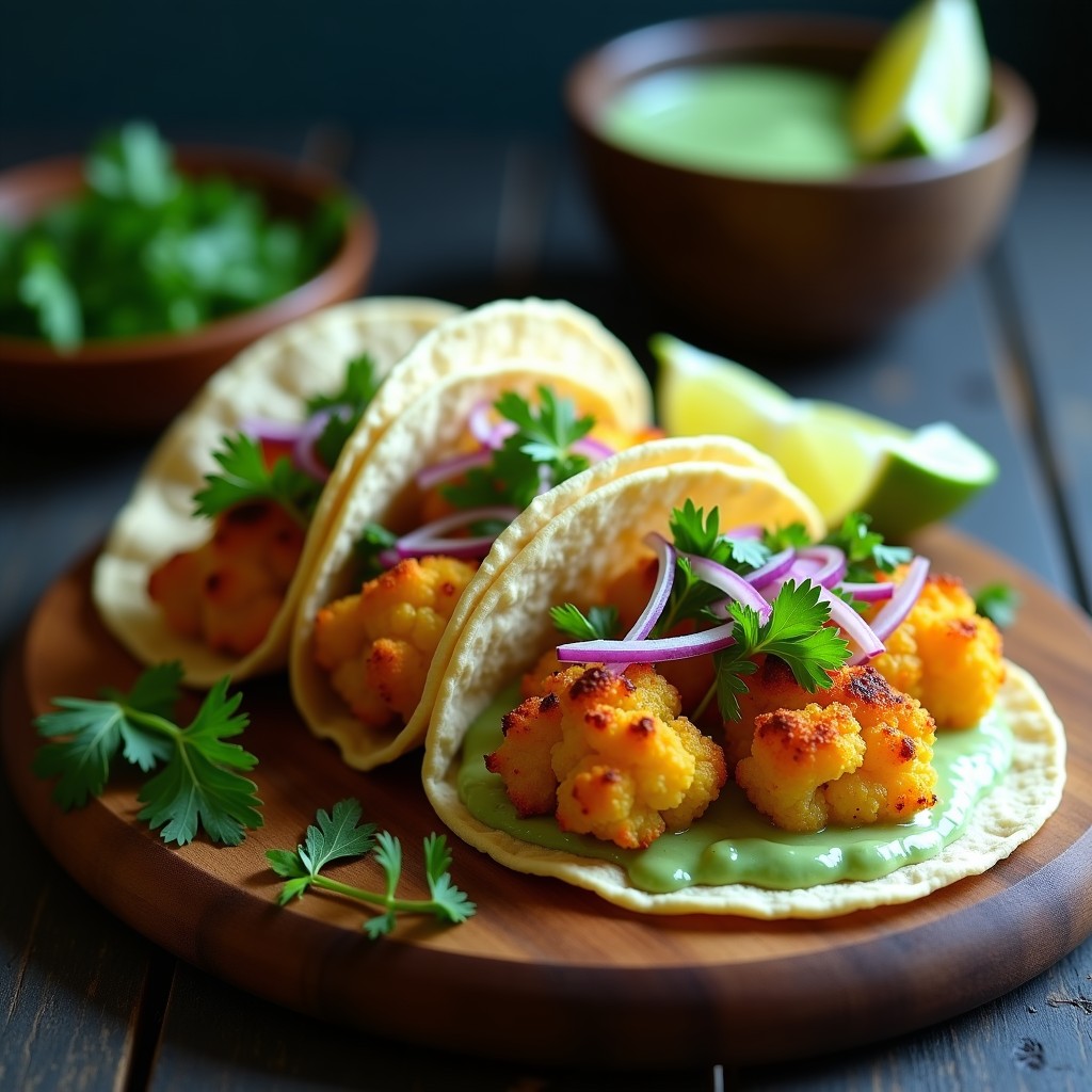 Tacos de coliflor asada dorada en airfryer sobre tortillas de maíz azul, cubiertos con salsa verde de piparras, cebolla morada picada, perejil fresco y almendras tostadas. Plato vasco vegano crujiente y colorido.