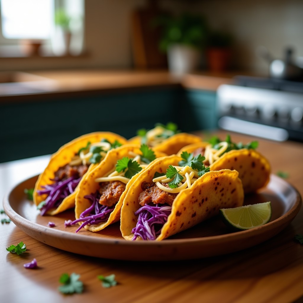 Tacos de coliflor dorados y crujientes rellenos de pulled pork ahumado, repollo morado encurtido, cilantro fresco y queso cheddar rallado, servidos en un plato rústico de madera con fondo de cocina moderna.