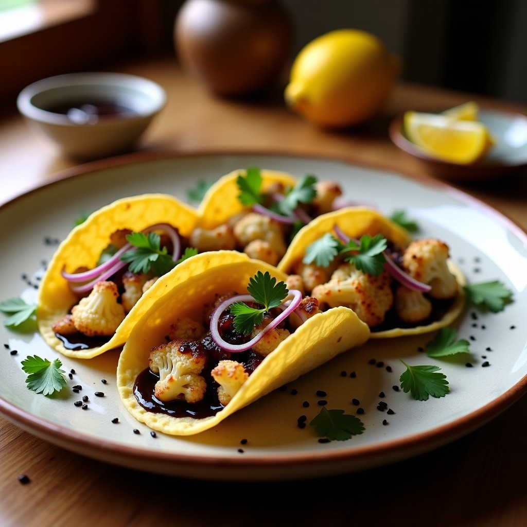 Tacos de coliflor y pulpo a la plancha con salsa de ajo negro, servidos en tortillas de maíz azules, decorados con cebolla morada encurtida y cilantro fresco. Plato gourmet español con texturas contrastadas y colores vibrantes.