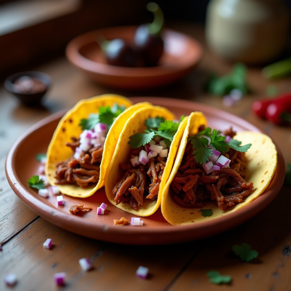 Plato de tacos de conejo adobado oaxaqueño en tortillas de maíz azul, con cebolla morada picada y cilantro fresco, sobre mesa rústica de madera.