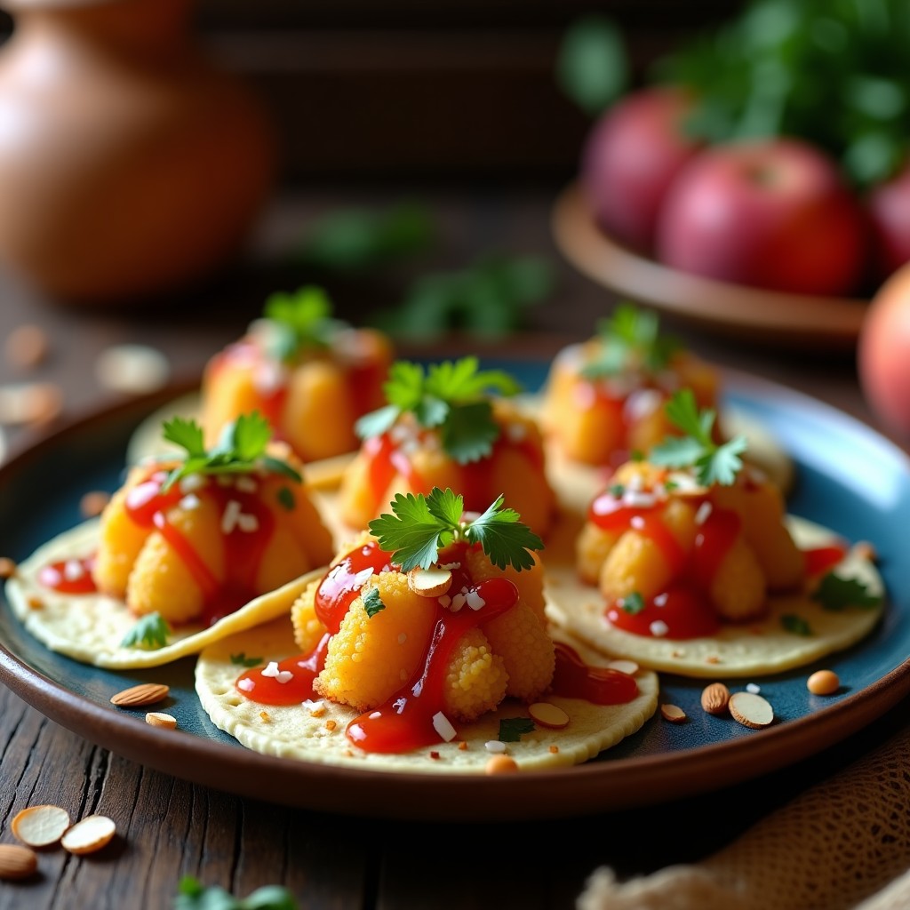 Plato de tacos veganos mexicanos con coral de stone fruit asado, salsa de chile de árbol, aguacate, cebolla morada y semillas de sésamo sobre tortillas de maíz azules, servidos en un plato de barro rústico con fondo de madera oscura.