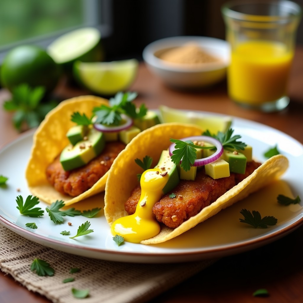 Tacos de corazón de alcachofa dorados y crujientes en tortillas de maíz, bañados con aderezo cremoso de ají amarillo, decorados con cebolla morada picada y cilantro fresco. Plato colorido con fondo rústico.