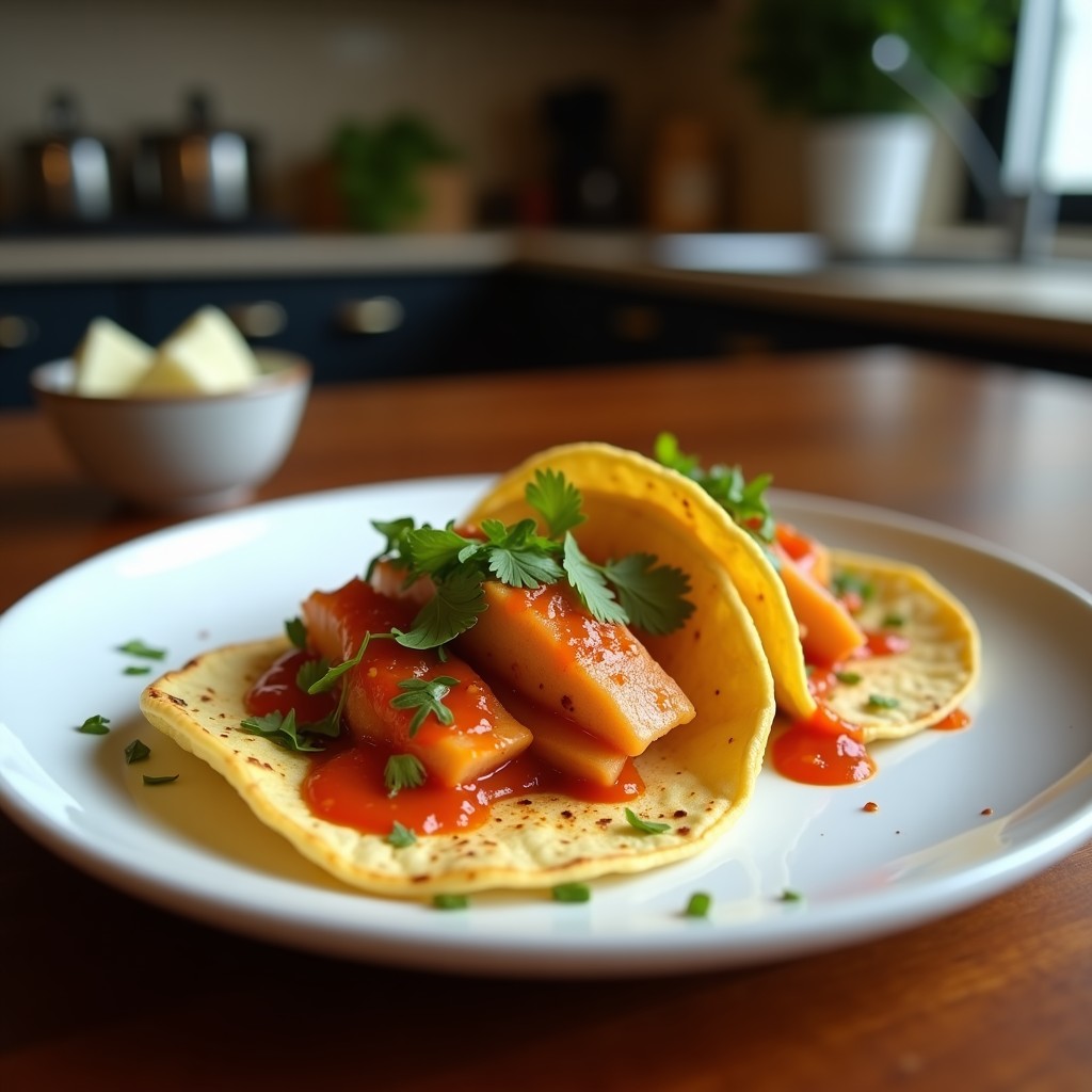 Tacos de maíz dorados rellenos de corazones de alcachofa asados en airfryer, cubiertos con salsa romesco de almendras cremosa, cebolla morada en juliana y perejil fresco. Plato catalán sin gluten sobre fondo rústico de madera.
