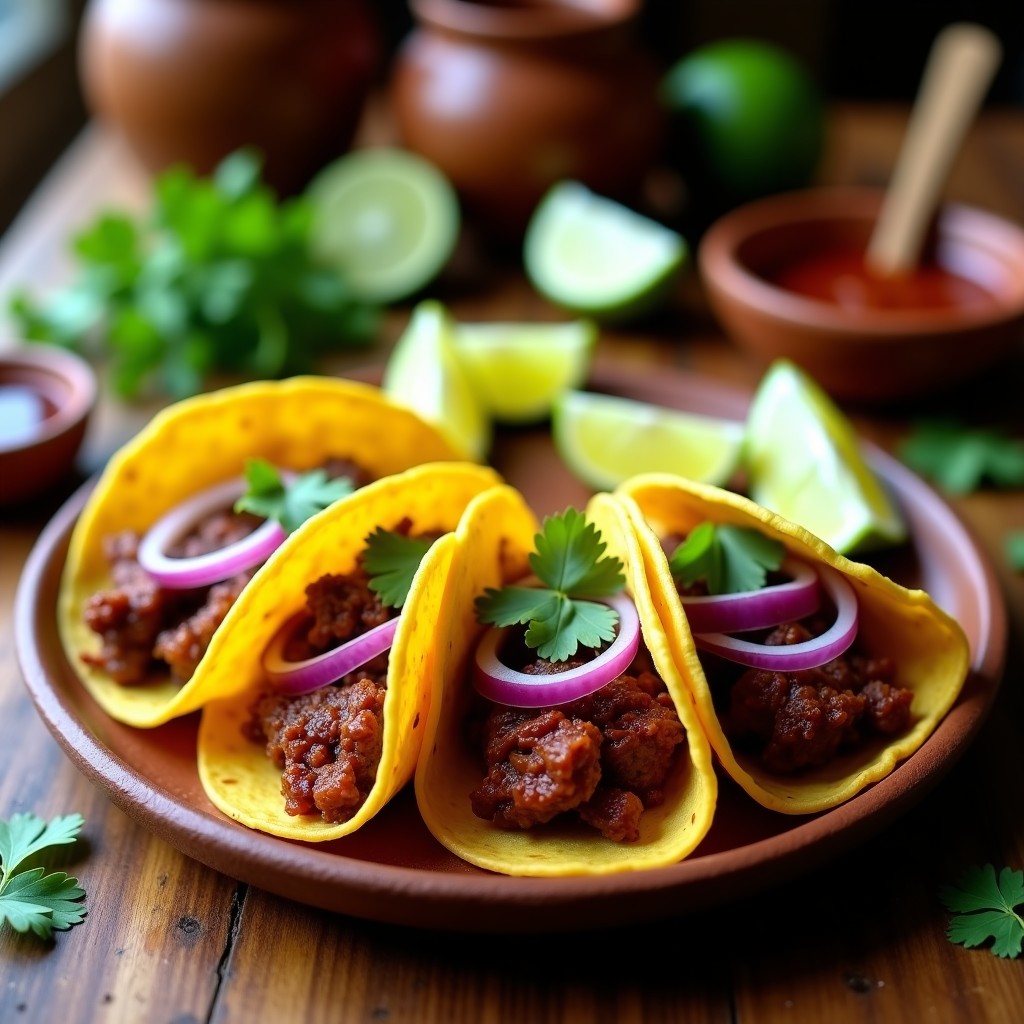 Tacos de maíz dorados rellenos de trozos de cordero adobado crujiente, con cebolla morada y cilantro fresco, servidos en un plato de barro rústico.