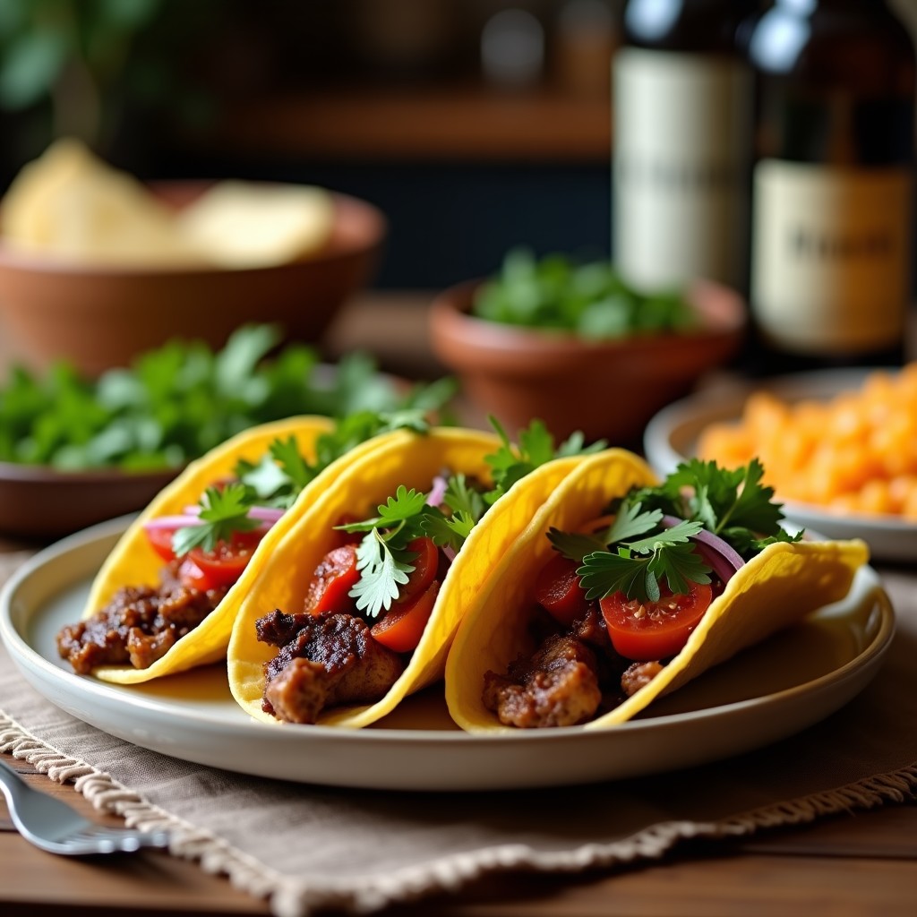 Plato de tacos de cordero al adobo en tortillas de maíz doradas, con cebolla morada picada y cilantro fresco, receta de 24 horas.