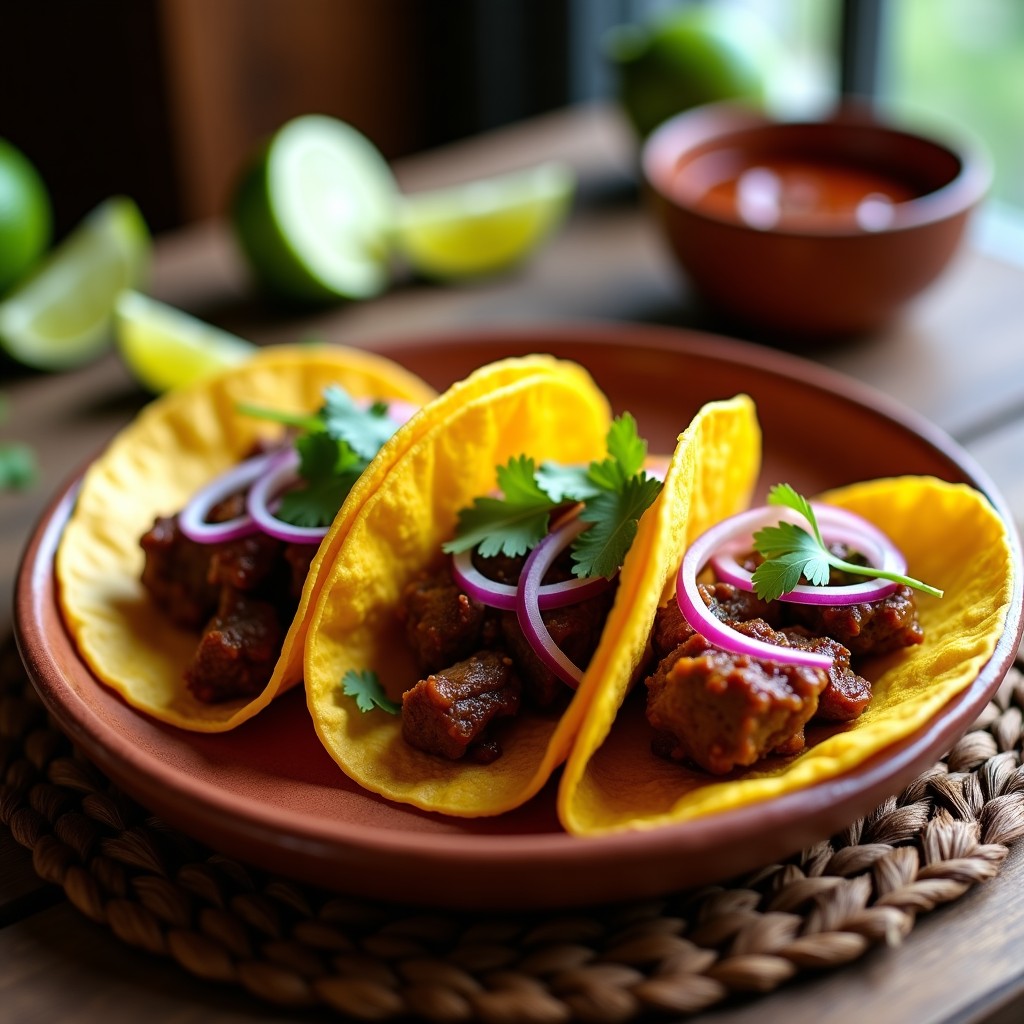 Plato de tacos de cordero al adobo con tortillas de maíz doradas, cebolla morada en juliana, cilantro fresco y limón, servidos en un plato de barro rústico.