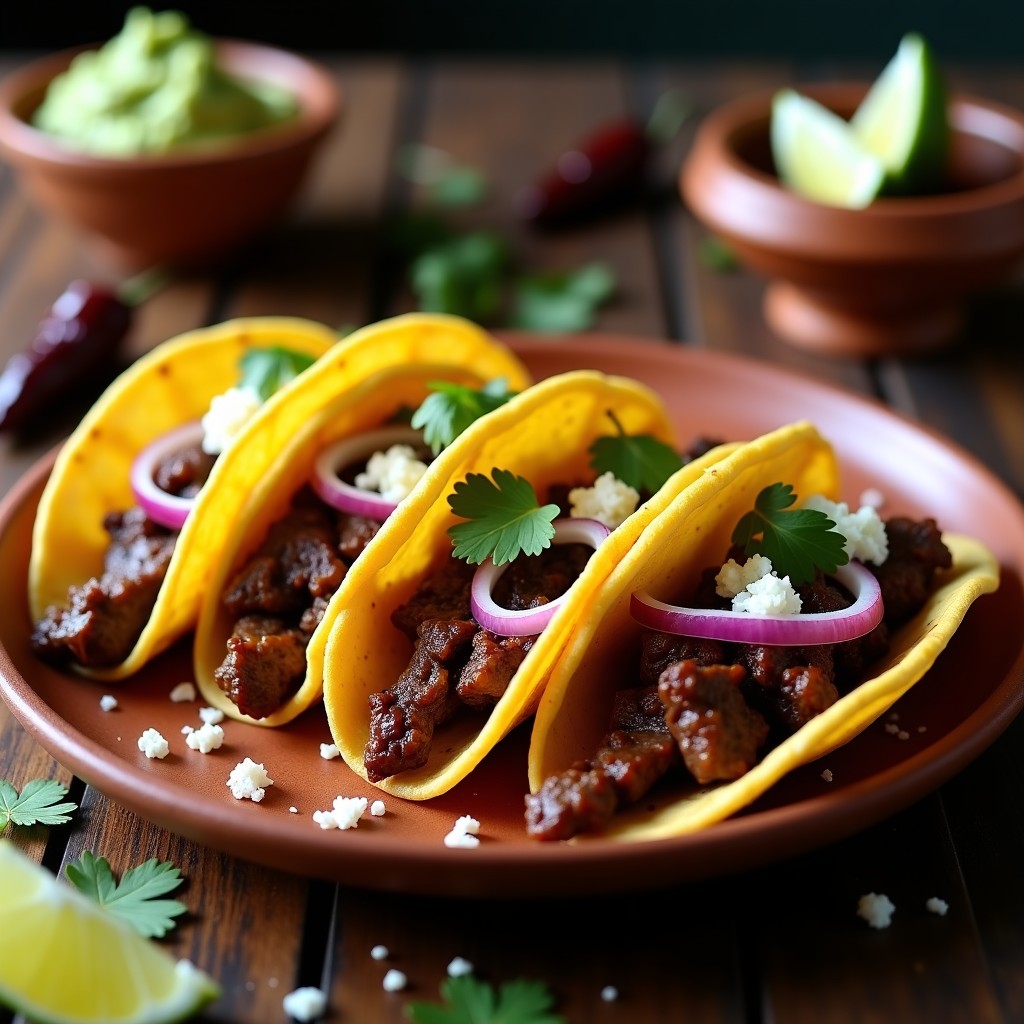 Tacos dorados y crujientes rellenos de cordero al adobo negro, servidos en plato de barro con cebolla morada, cilantro fresco y queso desmenuzado, receta tradicional mexicana al horno.
