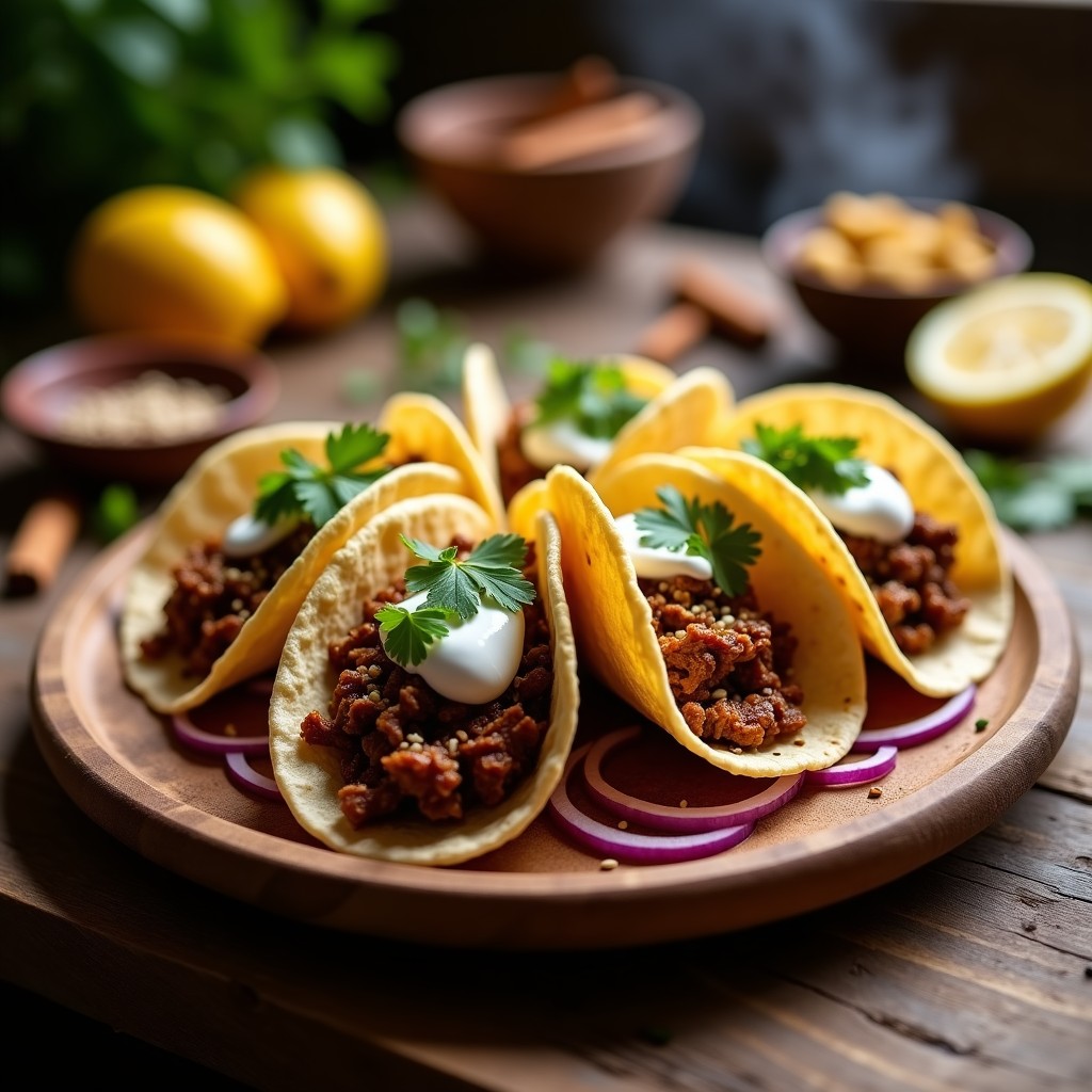 Plato de tacos de cordero adyta al horno, con carne desmenuzada y especiada sobre tortillas de trigo, decorados con cilantro fresco, salsa de yogur y semillas de sésamo, servidos en una bandeja de madera rústica con limones y especias al fondo.