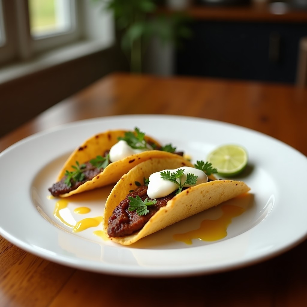 Tacos de cordero dorados en airfryer con salsa de yogur y menta fresca, servidos en tortillas de trigo con cebolla morada y pepino.