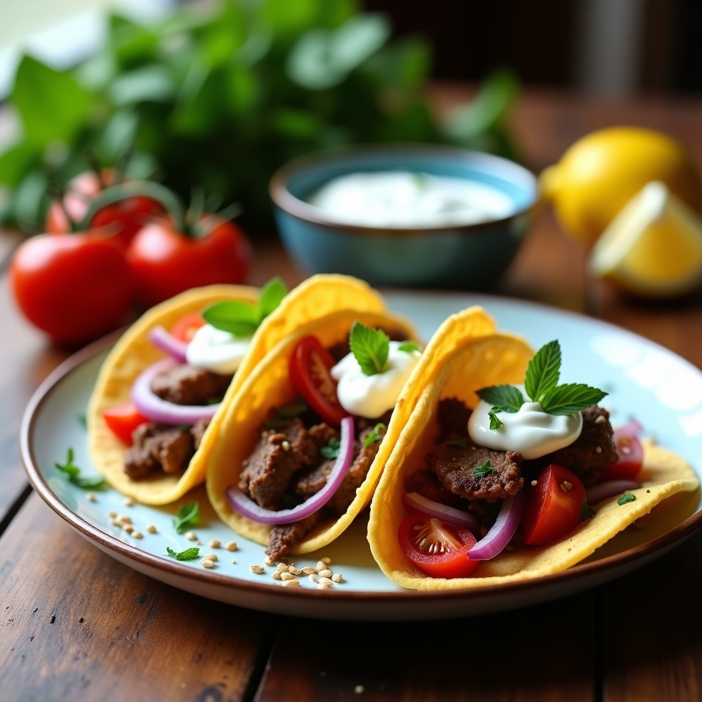 Plato de tacos de cordero con menta y yogur, tortillas integrales rellenas de carne jugosa, cebolla morada, tomates cherry y salsa cremosa de yogur con menta, decorados con semillas de sésamo.