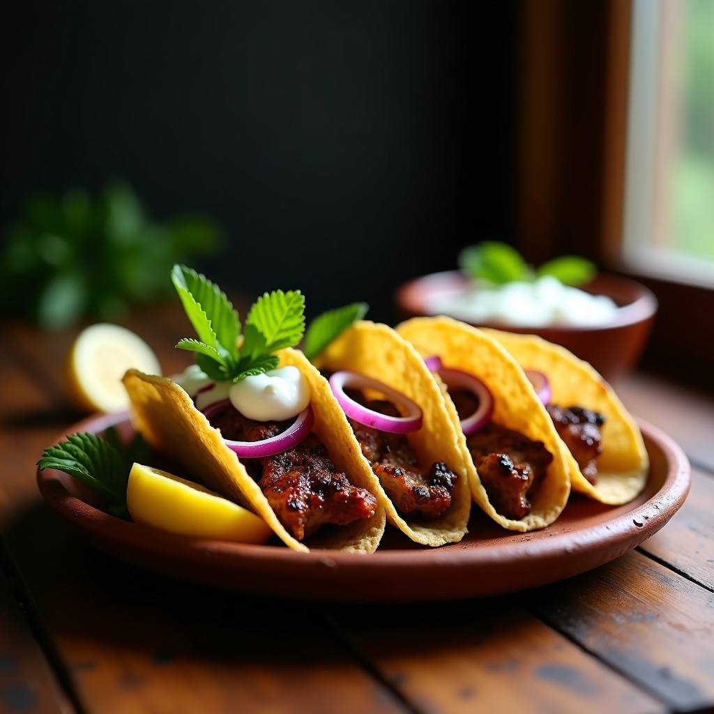 Tacos de cordero moruno en airfryer servidos en plato de barro: tortillas doradas rellenas de trozos de cordero especiado, cebolla morada en juliana, salsa de yogur griego y hojas de menta fresca.