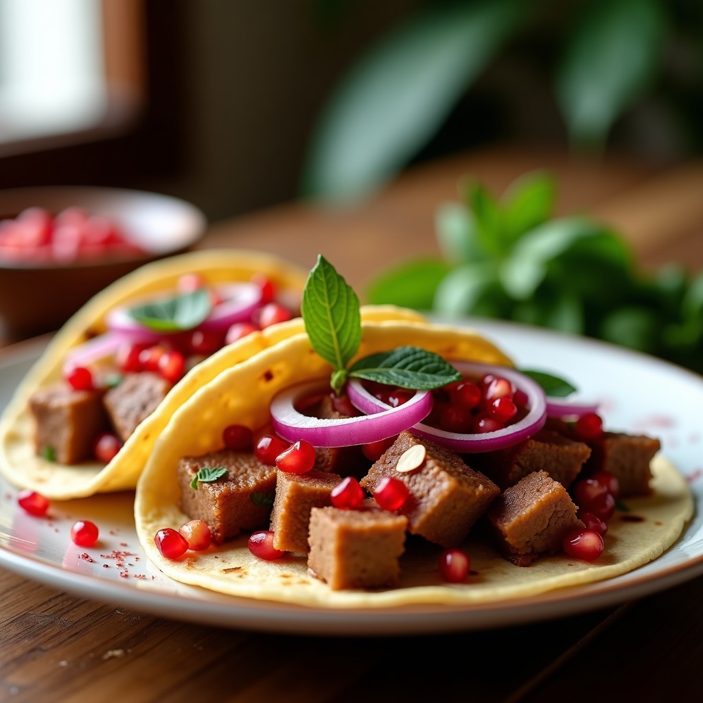 Tacos de cordero dorado en airfryer sobre tortillas de maíz, cubiertos con salsa rosa de granados y menta, cebolla morada, pepino y almendras tostadas, servidos en plato de barro con hojas de menta fresca.