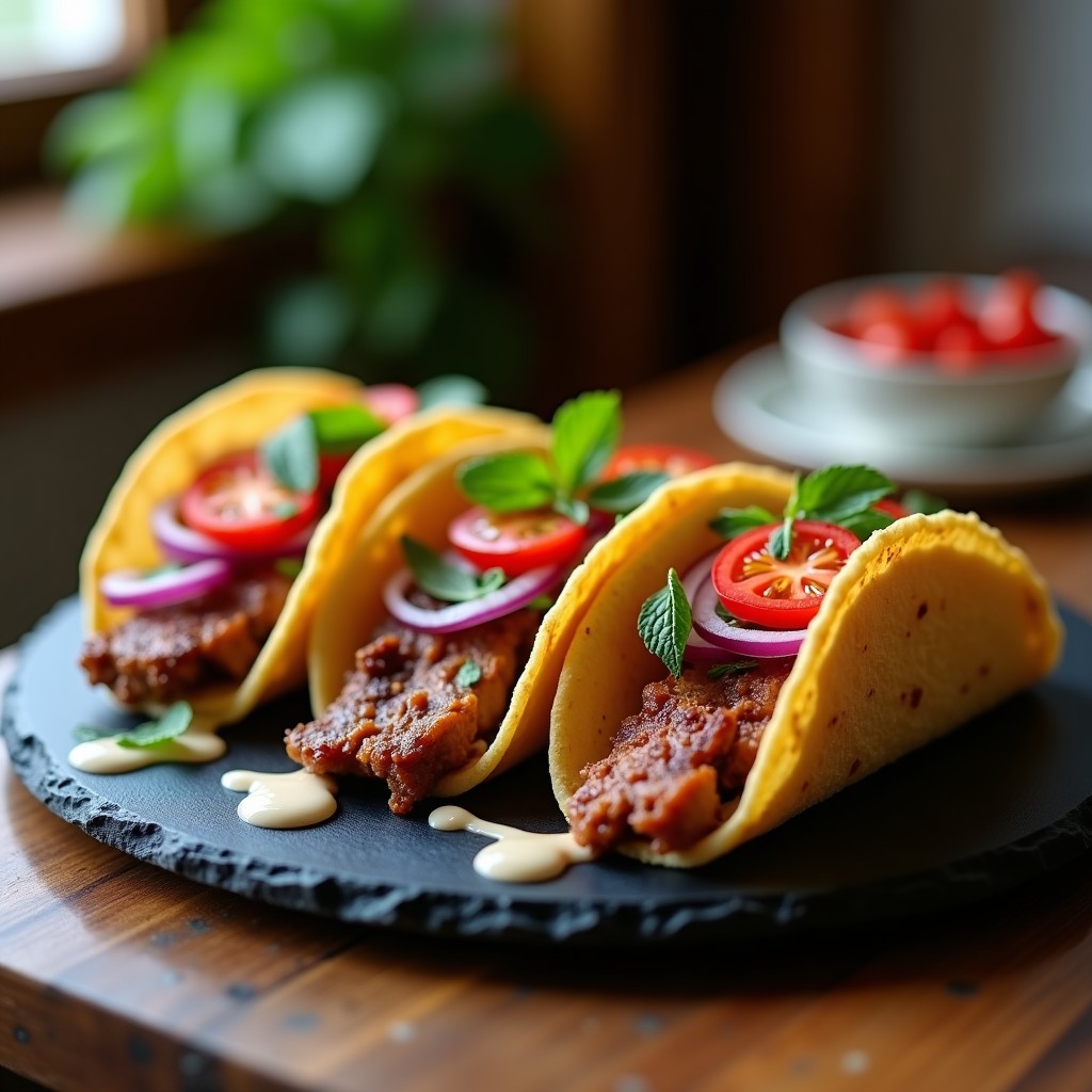 Tacos de cordero al yogur griego al horno, con tiras doradas y crujientes sobre tortillas de trigo, acompañados de cebolla morada, tomates cherry y salsa tahini.