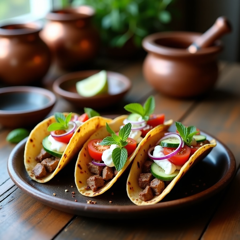 Plato de tacos de cordero al zaatar en airfryer, con tortillas doradas rellenas de trozos de carne especiada, yogur con menta, pepino, tomate cherry y cebolla morada, sobre fondo rústico de madera.