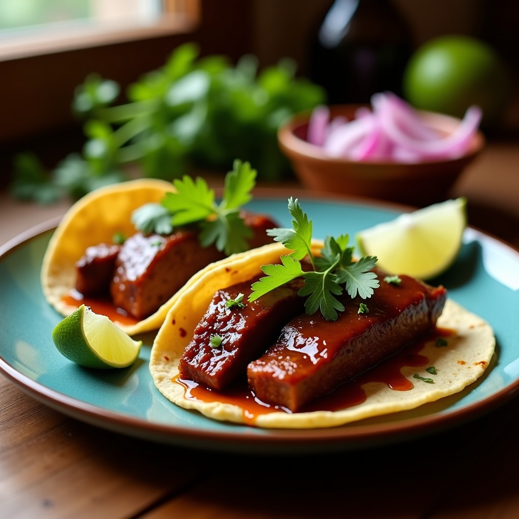 Plato de tacos de costilla de res marinada en adobo de chipotle sobre tortillas de maíz azules, decorados con cilantro fresco y rodajas de limón, con cebolla morada en juliana al lado.