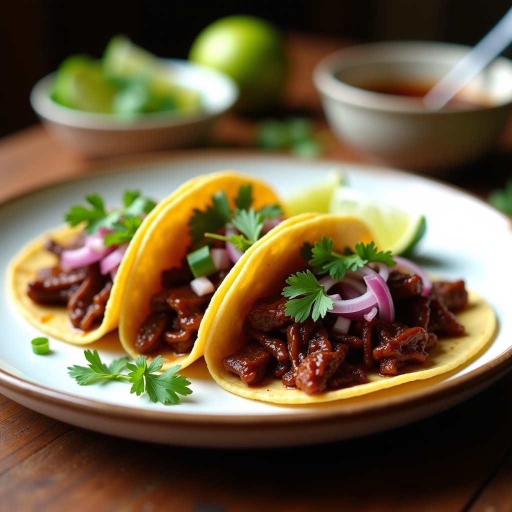 Plato de tacos de costilla de res desmenuzada al estilo barbacoa, servidos en tortillas de maíz con cebolla morada, cilantro y limón, receta olla lenta.