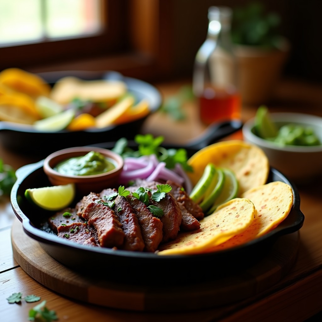 Plato de tacos al estilo Culiacán con carne asada en tiras, salsa verde fresca, cebolla morada y aguacate sobre tortillas de maíz doradas, típico de la cocina sinaloense.