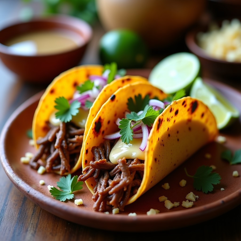Plato de tacos de birria quesabirria dorados en airfryer con queso derretido, carne jugosa, cebolla morada y cilantro, acompañados de limones y consomé de birria.