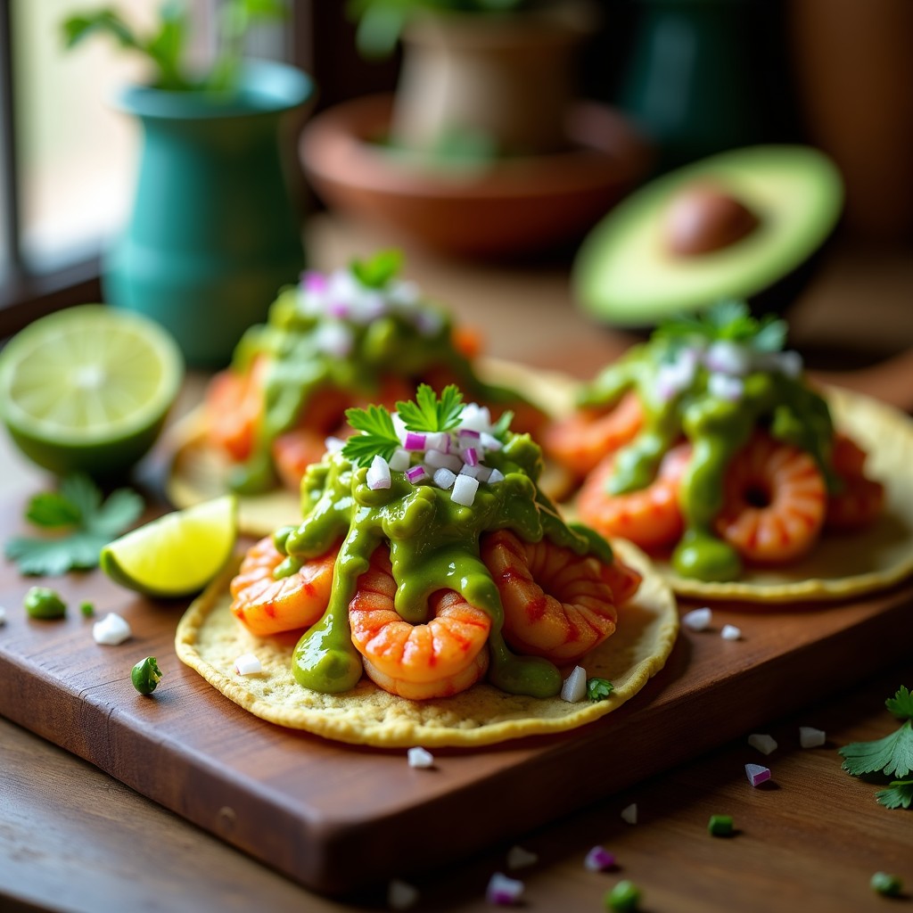 Plato de tacos de camarón ahumado en tortillas azules, con salsa verde cremosa, aguacate y cebolla morada, servidos en un mantel rústico de yute.