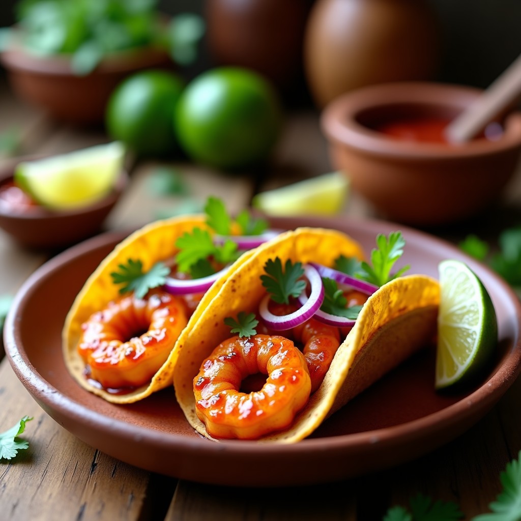 Tacos de maíz dorados rellenos de camarones brillantes al achiote y miel, decorados con cebolla morada y cilantro fresco, servidos en plato de barro rústico.