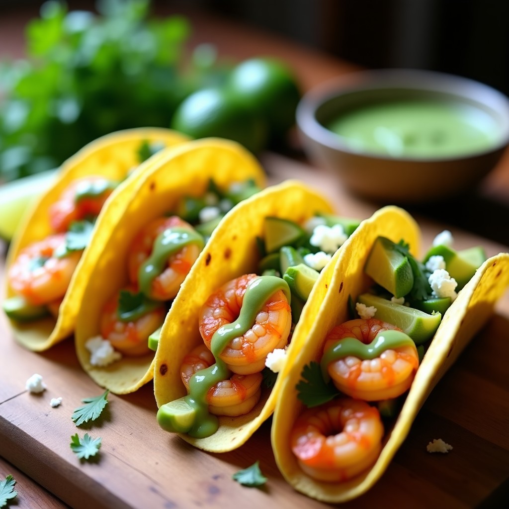 Tacos de maíz rellenos de camarones salteados con ajo dorado, aguacate en cubos y queso fresco, bañados con mojo de lima verde. Plato colorido con rodajas de lima y cilantro fresco.