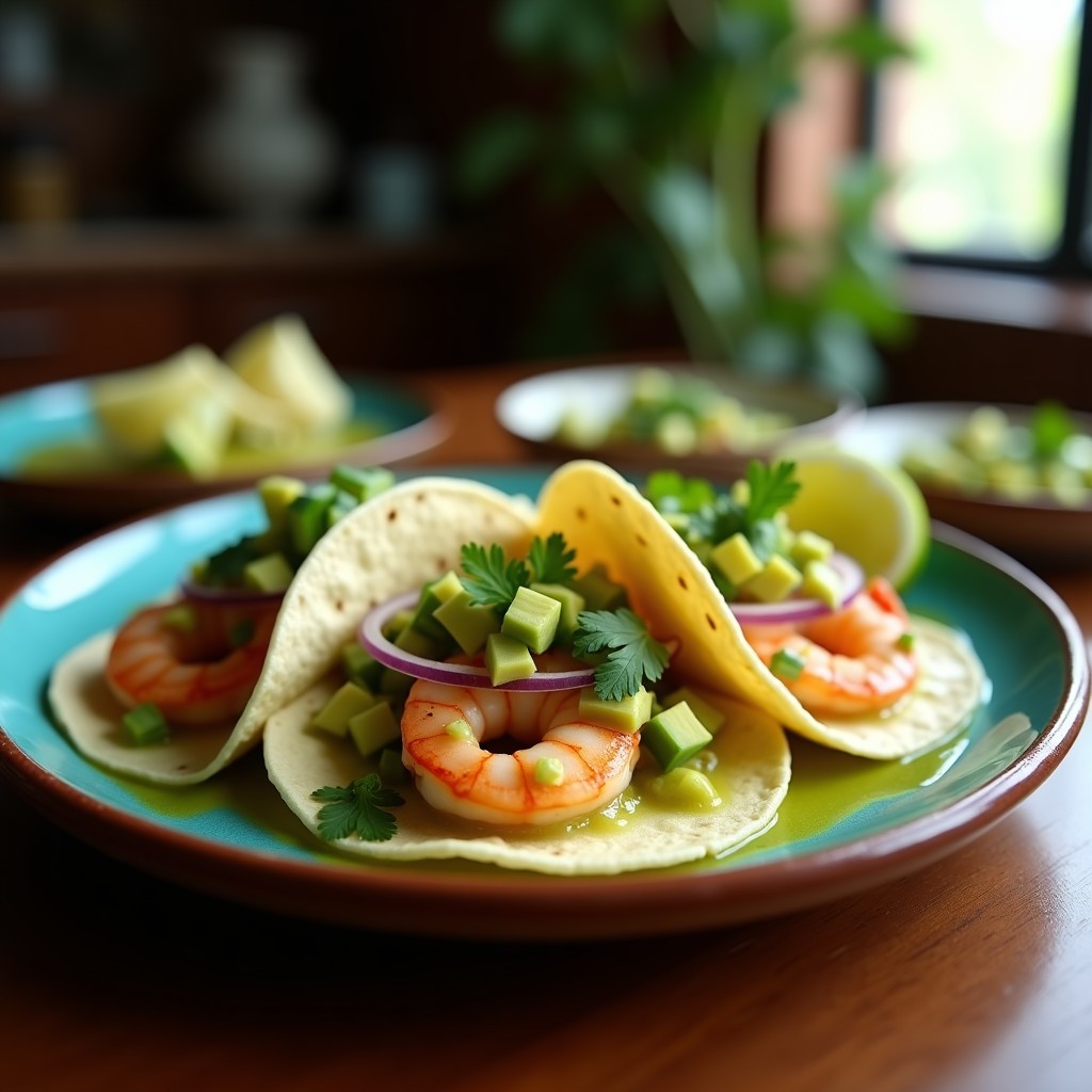 Tacos de maíz azul abiertos con camarones rosados marinados en aguachile verdoso, acompañados de aguacate en cubos y cebolla morada. Decorados con cilantro fresco y rodajas de lima sobre un plato de barro rústico.