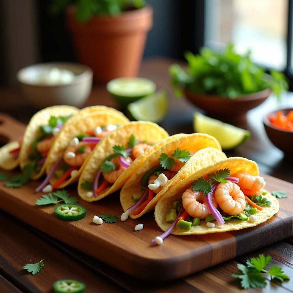 Tacos de maíz abiertos rellenos de camarones encurtidos en juliana con cebolla morada, jalapeños, aguacate y cilantro, acompañados de salsa cremosa sobre una tabla de madera rústica.