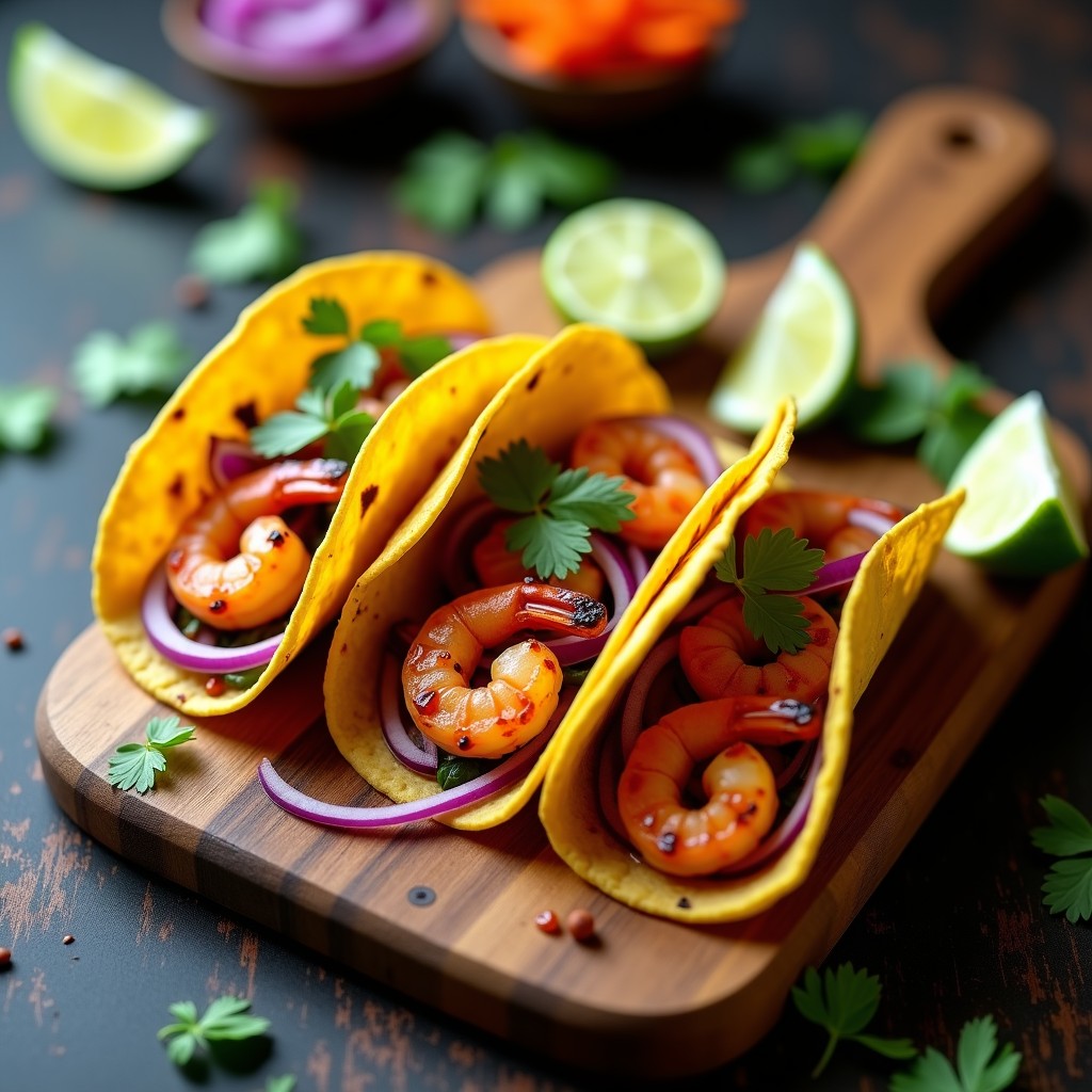 Tacos de maíz abiertos rellenos de camarones rosados salteados con chipotle, cebolla morada y zanahoria encurtida en juliana, cilantro fresco y rodajas de limón verde sobre una tabla de madera rústica.