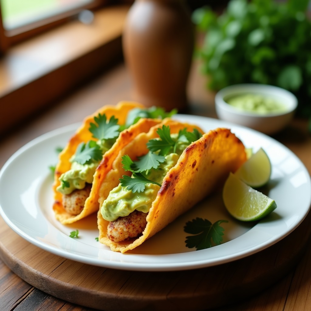 Tacos de coliflor dorados y crujientes en un plato de cerámica blanca, rellenos de crema de aguacate y decorados con cilantro fresco, receta airfryer.