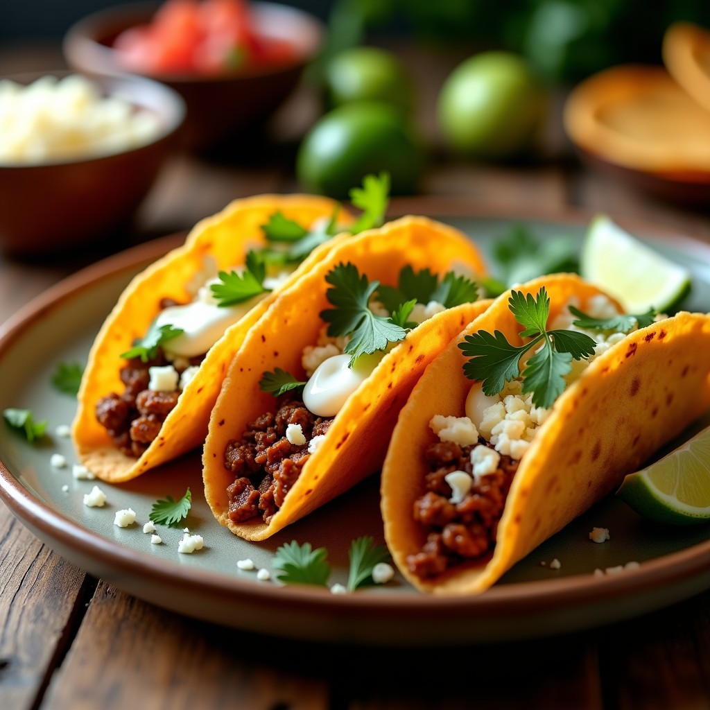 Plato con tacos de cazuelita dorados y crujientes, rellenos de carne de res guisada, servidos en un plato rústico con queso fresco desmenuzado, cilantro y crema ácida, receta express en airfryer.