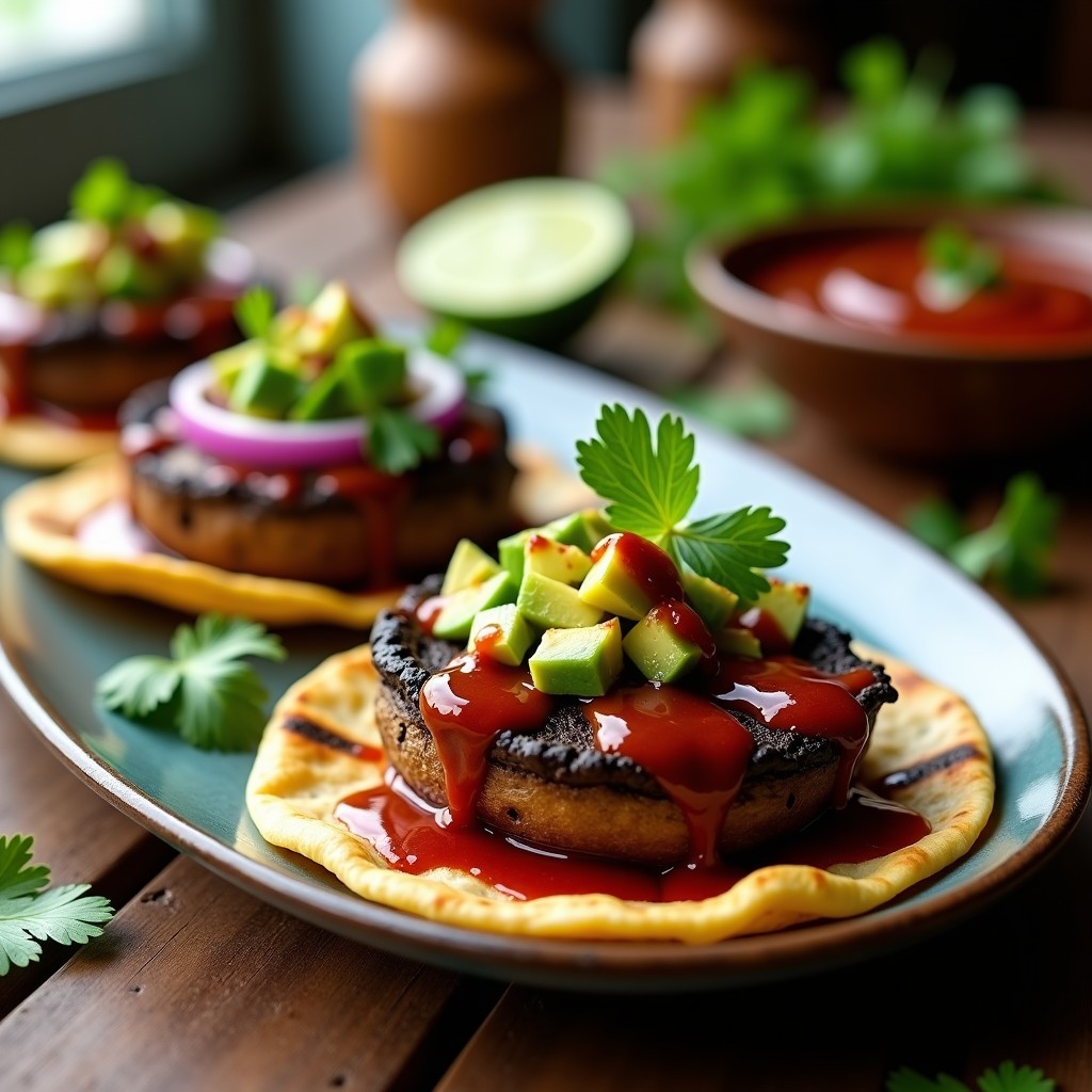 Plato de tacos de champiñones portobello marinado ahumado, con láminas doradas de portobello, aguacate en cubos, cebolla morada y cilantro fresco sobre tortillas de maíz, acompañados de salsa de chipotle. Receta vegana y express.