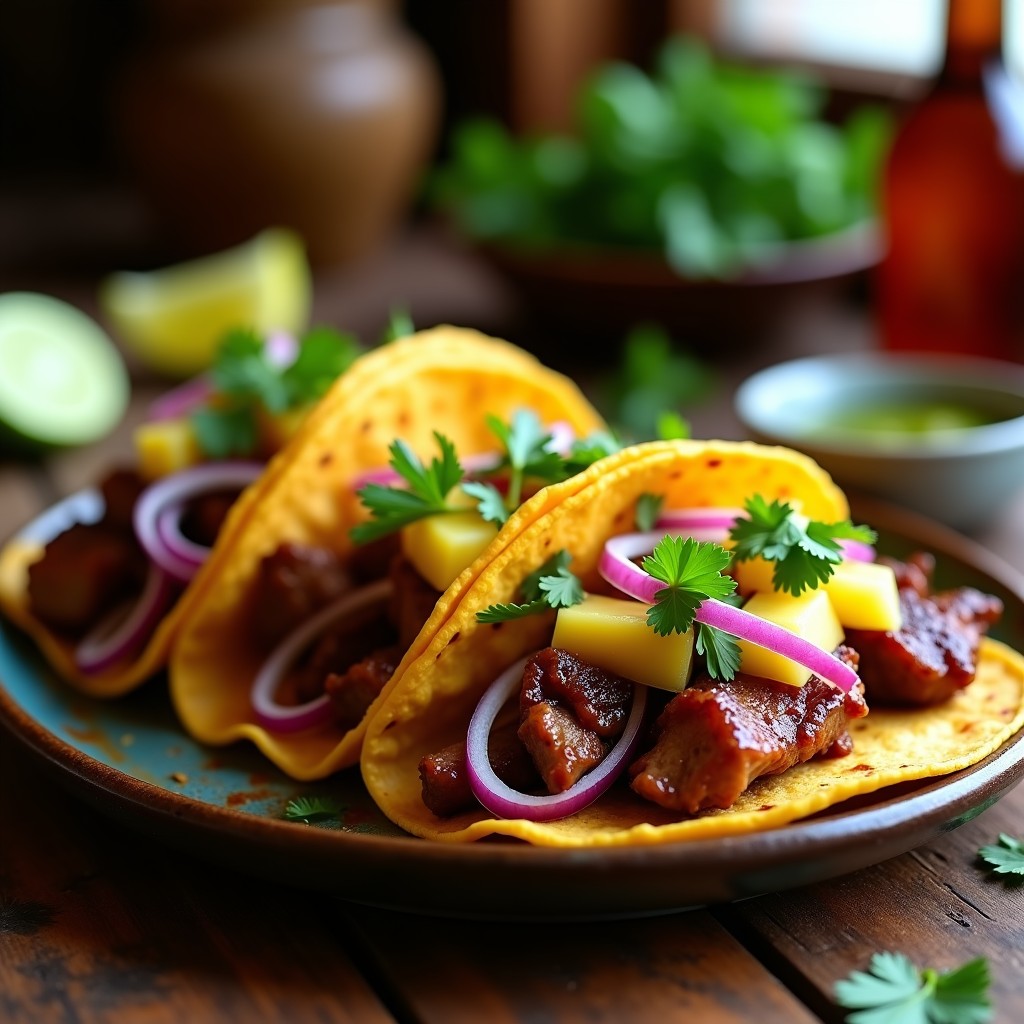Tacos de cordero al pastor en airfryer servidos en tortillas de maíz doradas, rellenos de tiras de cordero jugoso, piña caramelizada, cebolla morada y cilantro fresco, con un chorrito de salsa verde y limón.